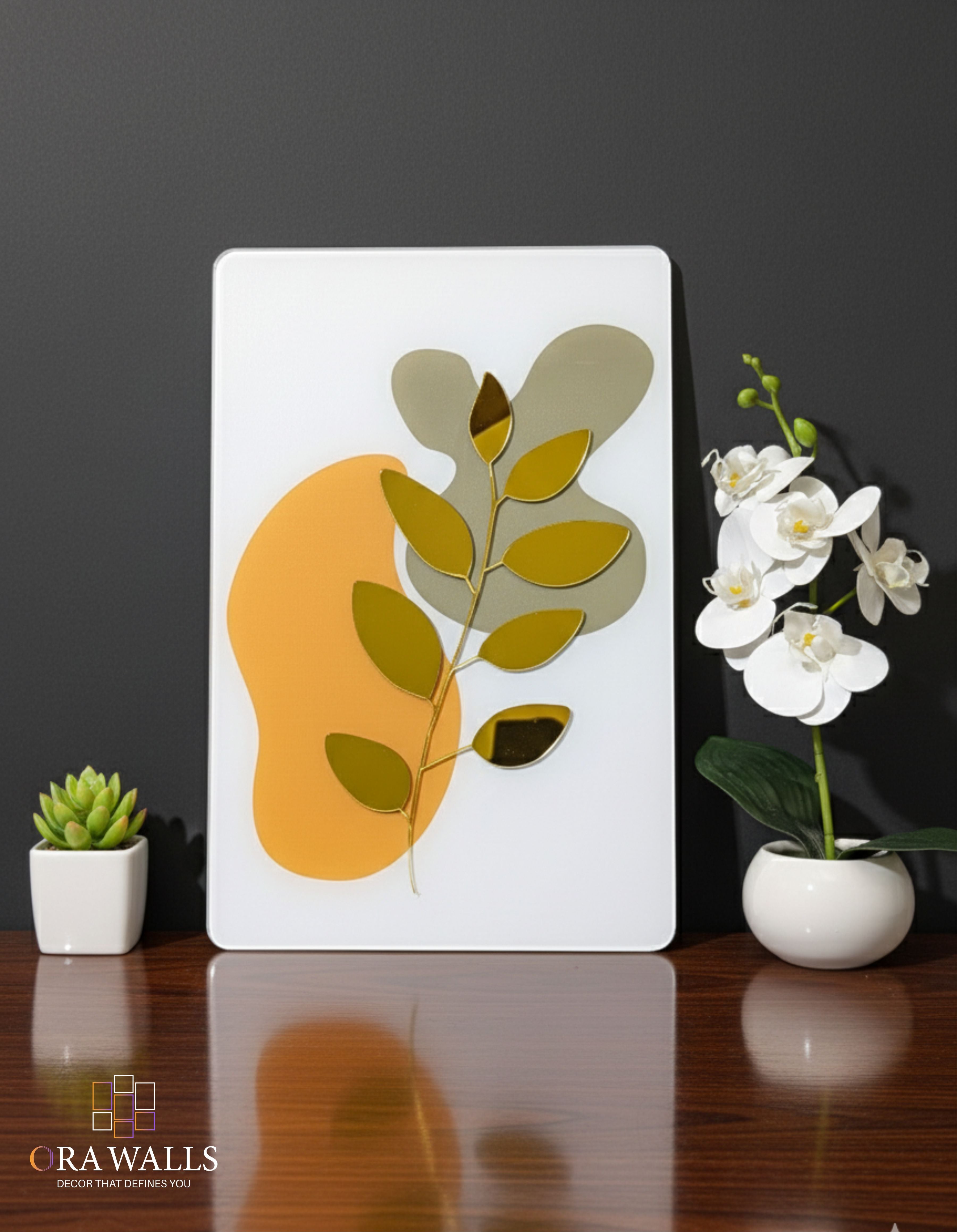 Abstract Ochre and Sage Botanical Acrylic Wall Art with Gold